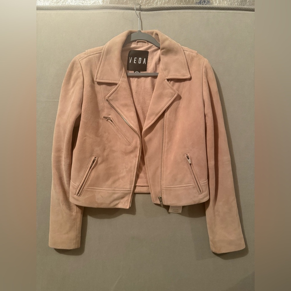 Reformation VEDA Beige Women's Suede Moto Jacket Size Medium Pink Cloud - Picture 3 of 8